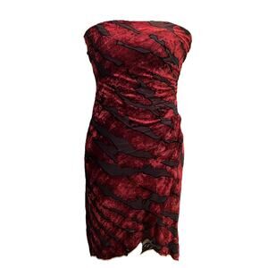 Bebe Burnout Mesh Velvet Dress Burgundy Strapless L Ruched‎ Zip Whimsigoth Y2K